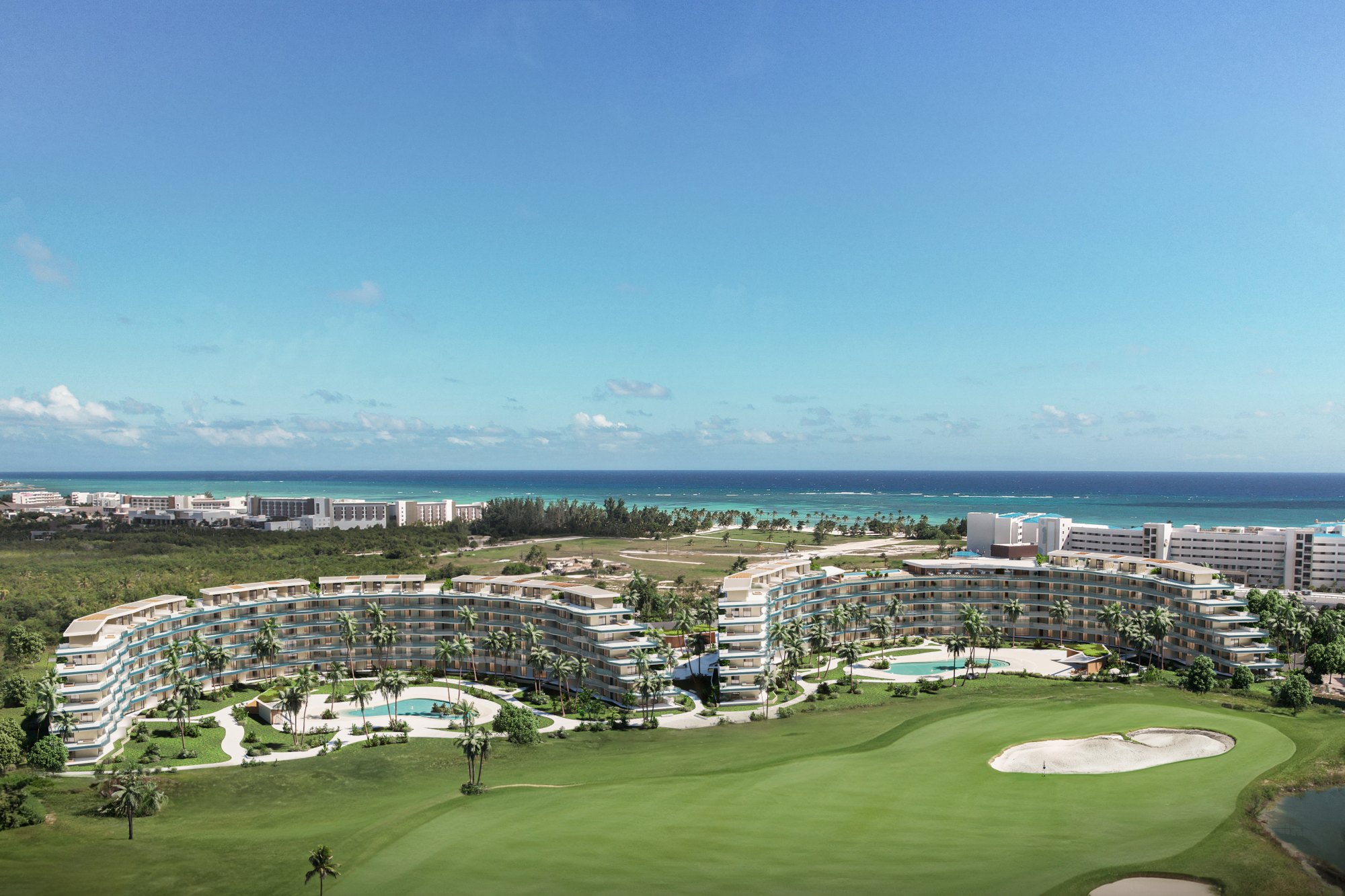 Rendering of Crystal Garden's two curved buildings, 196 residences, seen across the Las Iguanas fairway with the Cap Cana shore and reef water beyond.