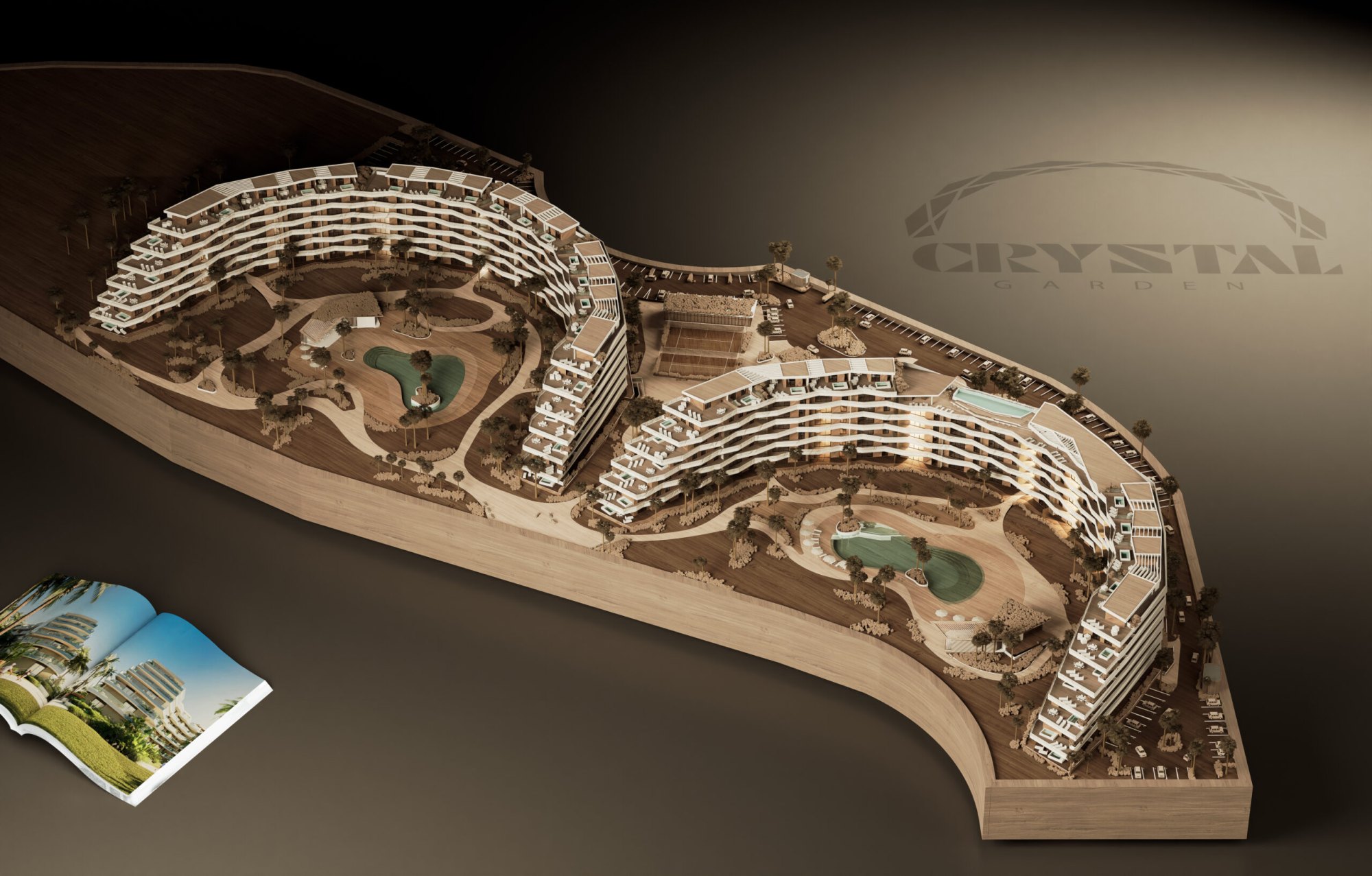 Recreación de la maqueta de Crystal Garden en Cap Cana: dos alas curvas que reúnen 196 residencias, una obra nueva aún por terminar.