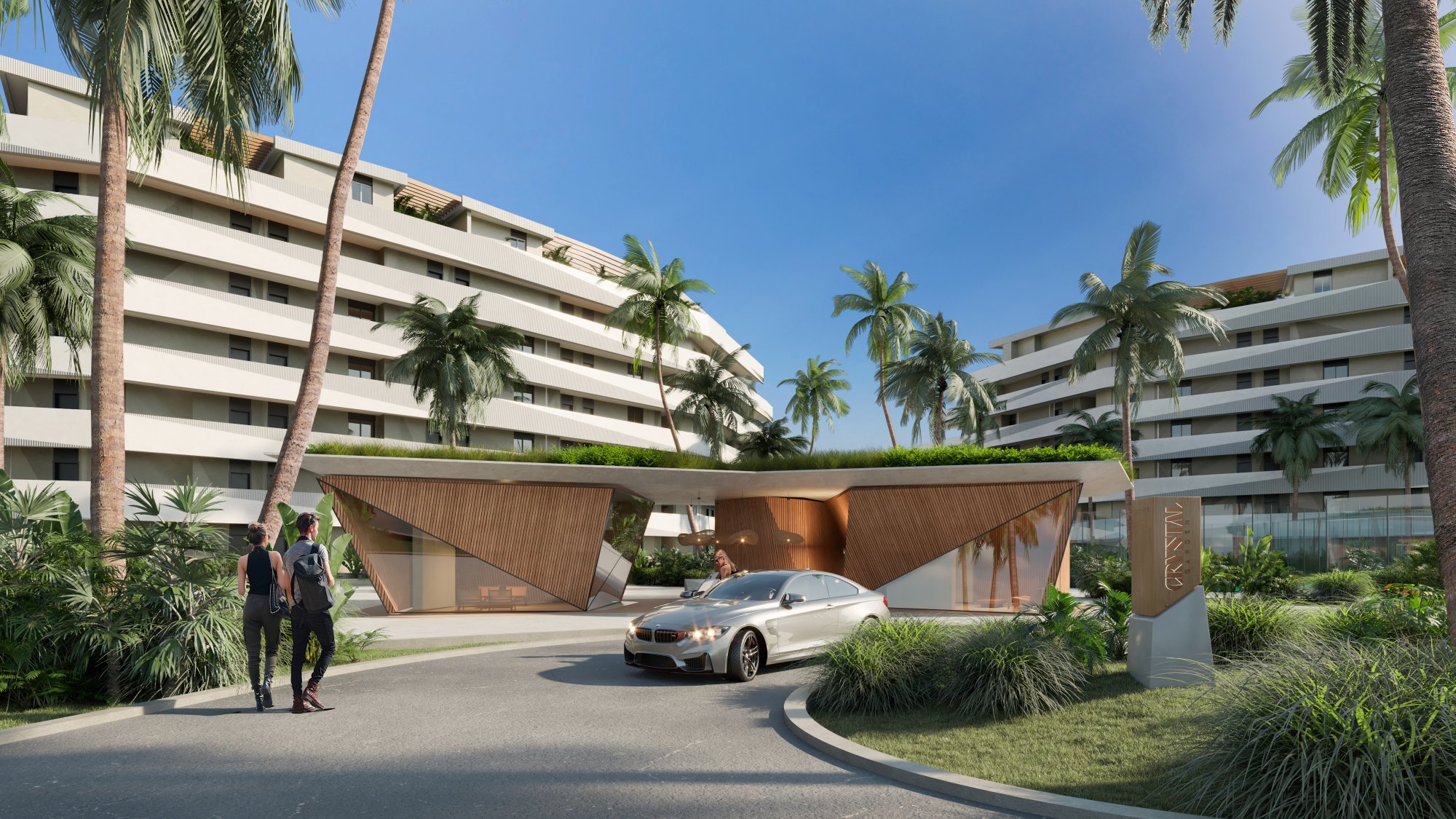 Recreación digital del acceso y la caseta de control de Crystal Garden, conjunto de 196 residencias junto al campo de golf Las Iguanas en Cap Cana, con entrega en 2027.