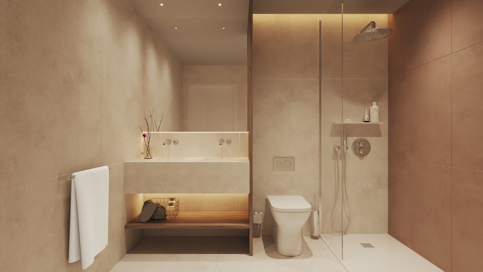 Rendering of a beige stone bathroom planned for Crystal Garden, with a backlit mirror and walk-in shower, in one of 196 residences due in 2027.