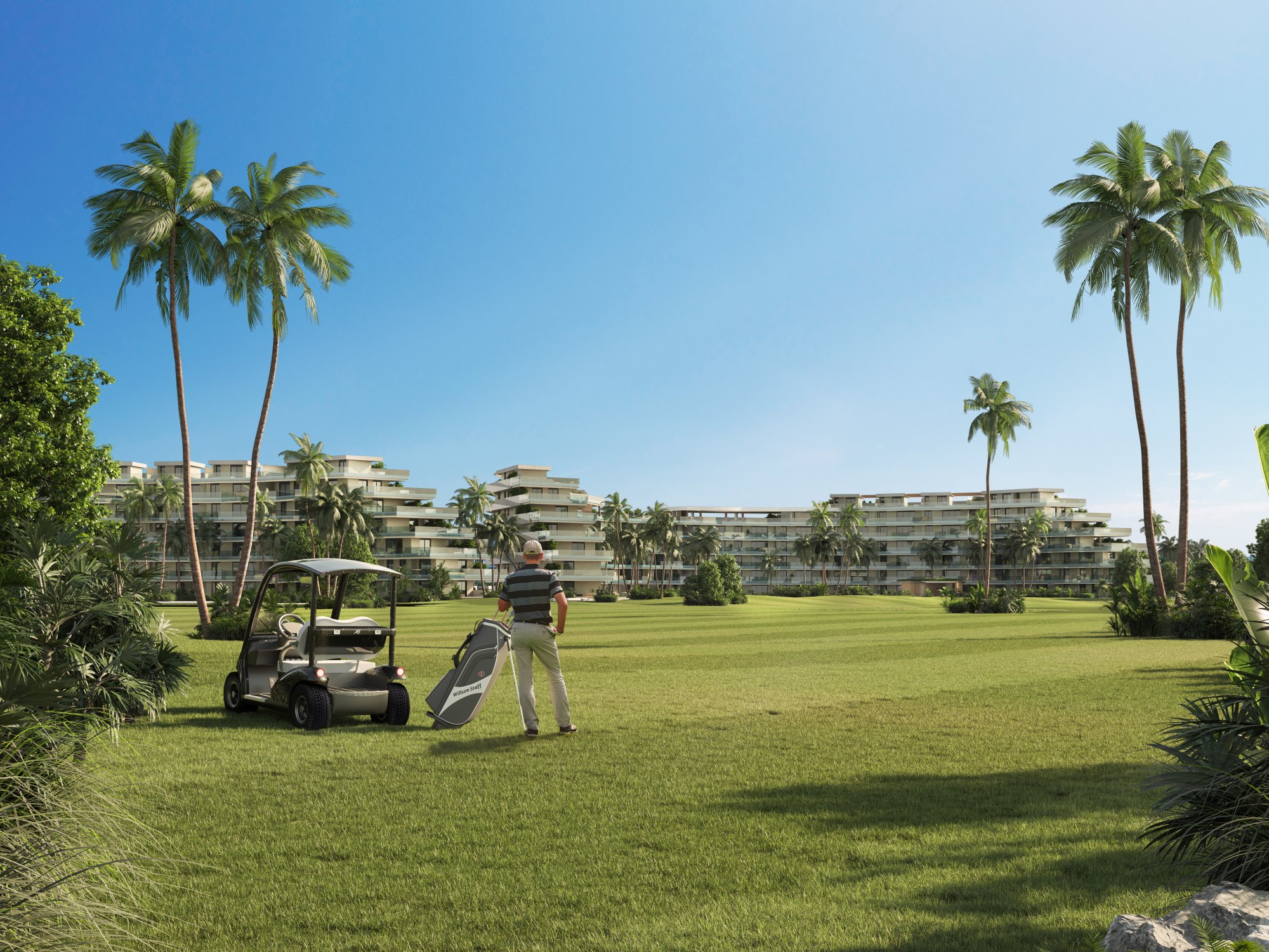 Image de synthèse : un golfeur près de sa voiturette sur le fairway de Las Iguanas, devant les deux bâtiments courbes de Crystal Garden, 196 résidences livrables en 2027.