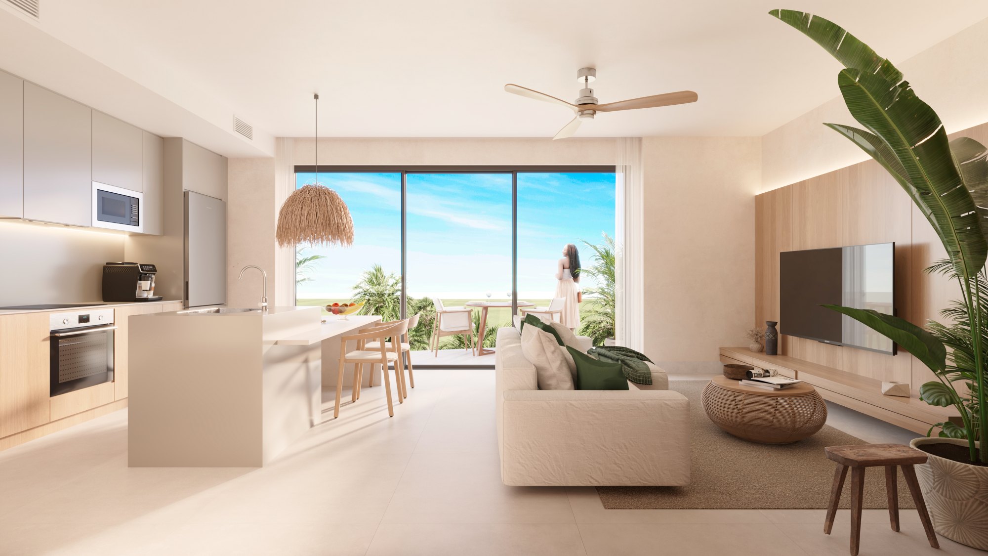 Recreación digital del salón y la cocina abiertos de una residencia de Crystal Garden, uno de los 196 apartamentos en Cap Cana con entrega prevista en 2027.