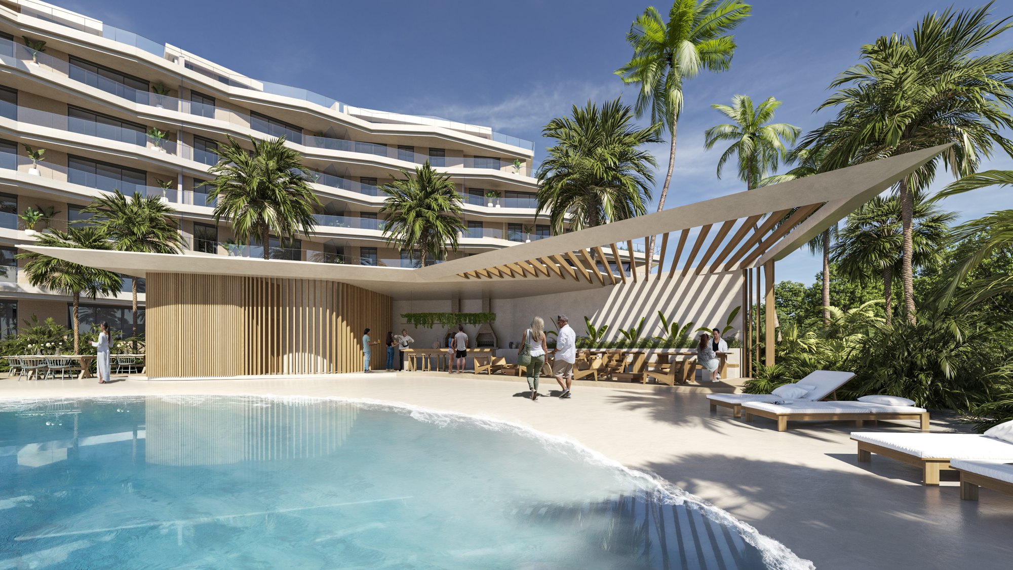 Image de synthèse du pavillon barbecue au bord de la piscine de Crystal Garden, avec grils, long comptoir et invités, parmi 196 résidences livrées en 2027.
