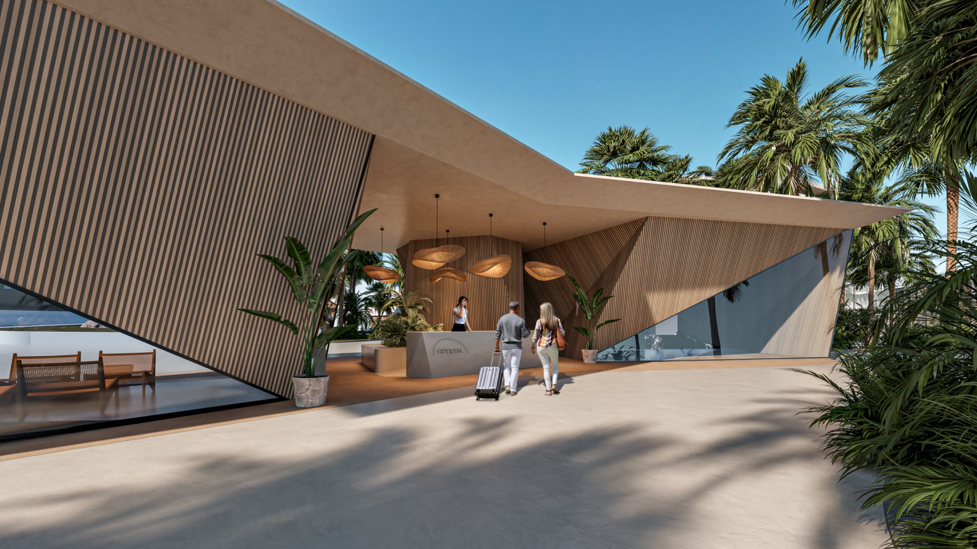 Recreación del pabellón de recepción facetado de Crystal Garden, punto de llegada con conserjería de un conjunto de 196 residencias en Cap Cana.