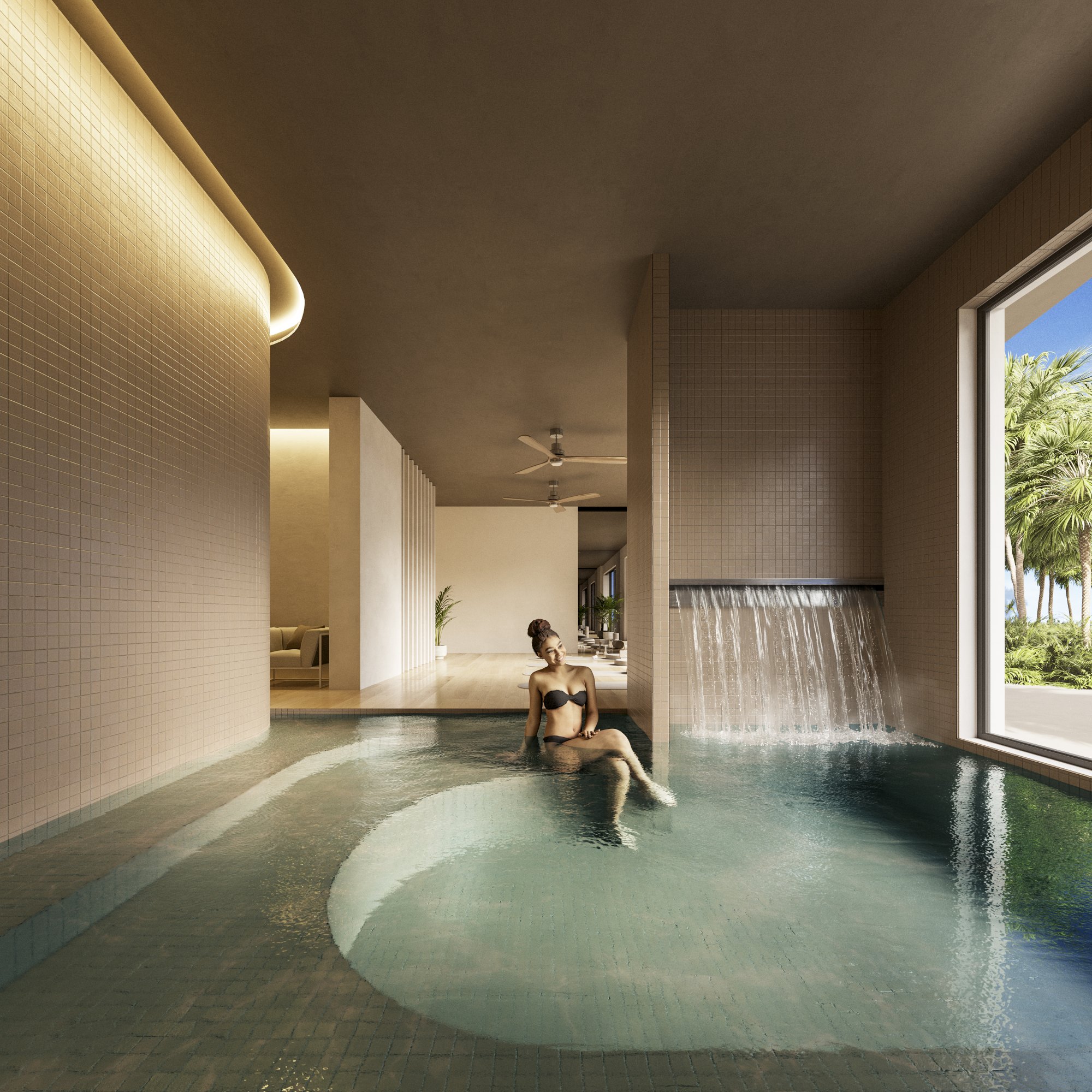 Rendering of the indoor spa pool with a wall waterfall at Crystal Garden, part of the wellness centre planned for its 196 residences in Cap Cana.